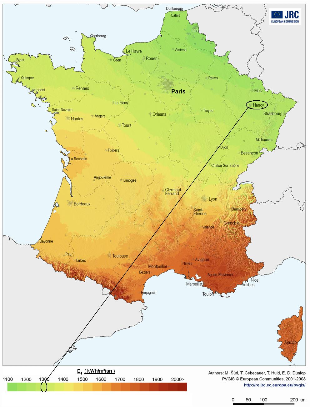 Carte de l'irradiation annuelle à Nancy