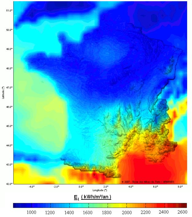 Energie radiative reçu pendant 1 an par une surface plane, d’une surface d’un m², perpendiculaire aux rayons du soleil Energie radiative reçu pendant 1 an par une surface plane, d’une surface d’un m², perpendiculaire aux rayons du soleil