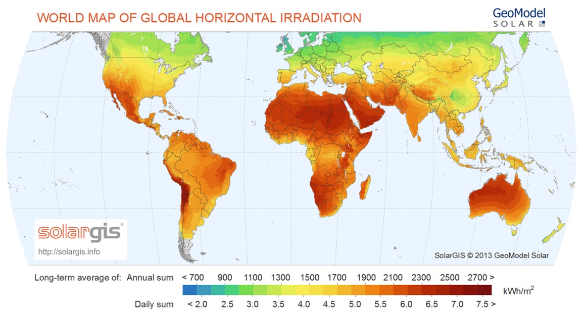 Carte mondiale de l'irradiation solaire globale (annuelle et journalière moyenne) Carte mondiale de l'irradiation solaire globale (annuelle et journalière moyenne)