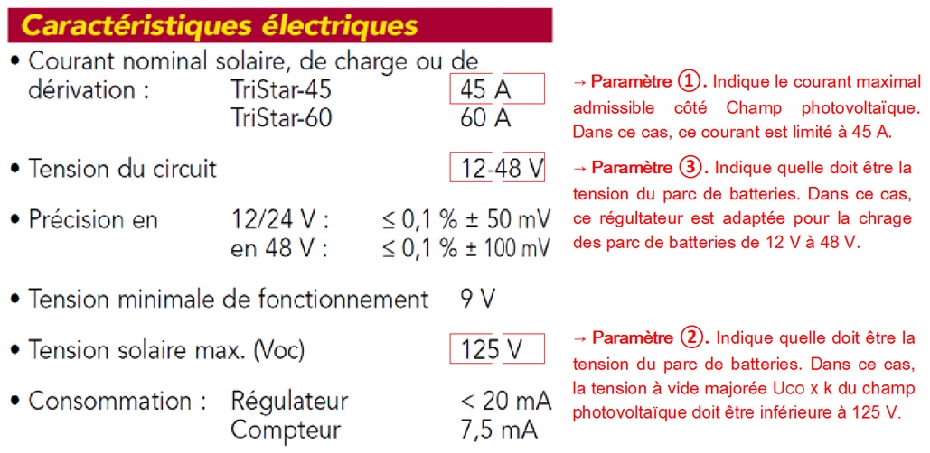 Exemple de fiche technique d'un régulateur - Identification des 3 paramètres de dimensionnement du régulateur