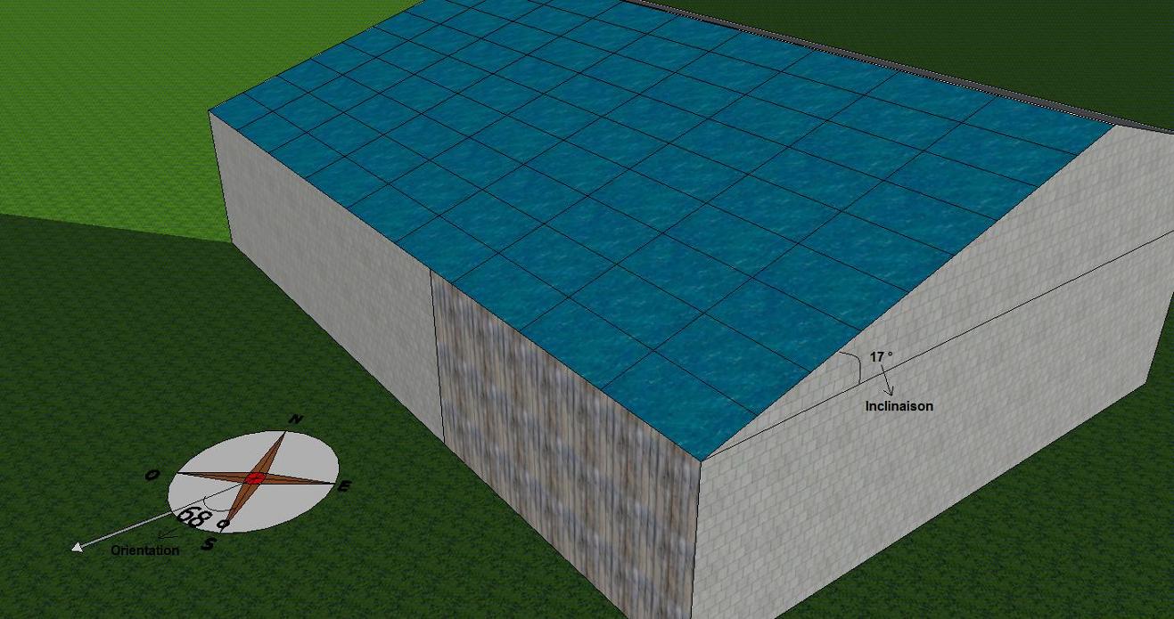Les modules photovoltaïques sont posés sur la toiture. L'inclinaison des modules est donc la même que celle du toit. Sur ce schéma, l'inclinaison du toit est de 17°. Les modules posés sur cette toiture auront aussi une inclinaison de 17°. Inclinaison de la toiture
