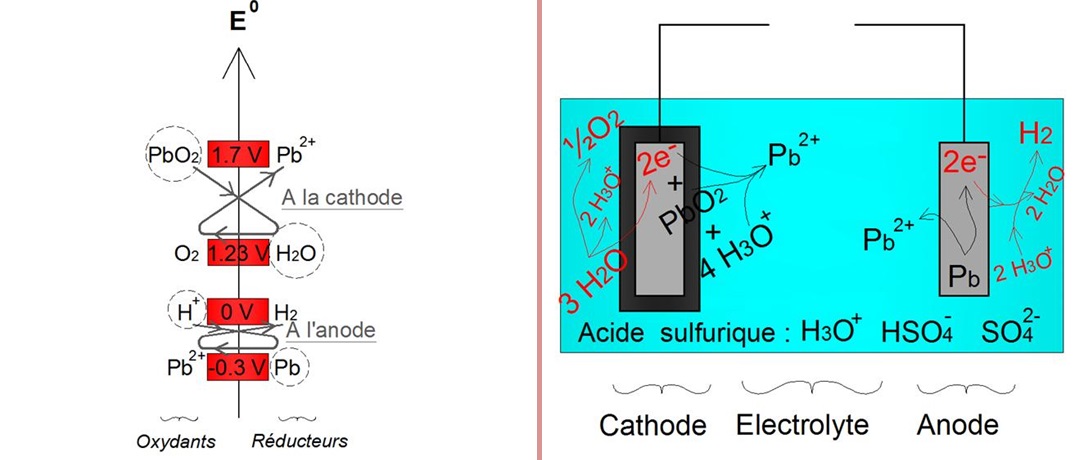 Illustration des réactions secondaires responsable de l'autodécharge d'une batterie acide-plomb Illustration des réactions secondaires responsable de l'autodécharge d'une batterie acide-plomb