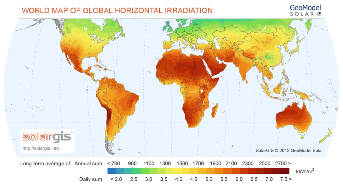 Carte mondiale de l'irradiation solaire globale (annuelle et journalière moyenne)
